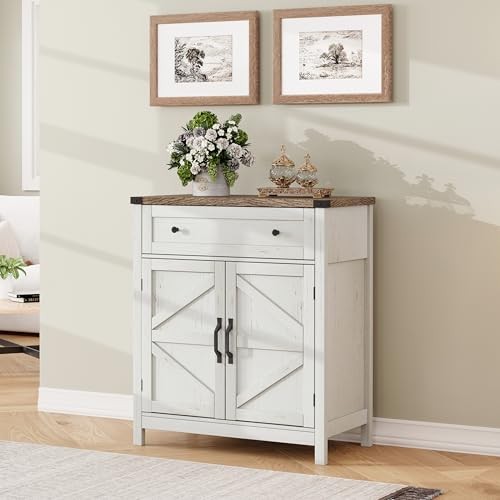 Kitchen Storage Cabinet, Coffee Bar Cabinet, Farmhouse Buffet Rustic White