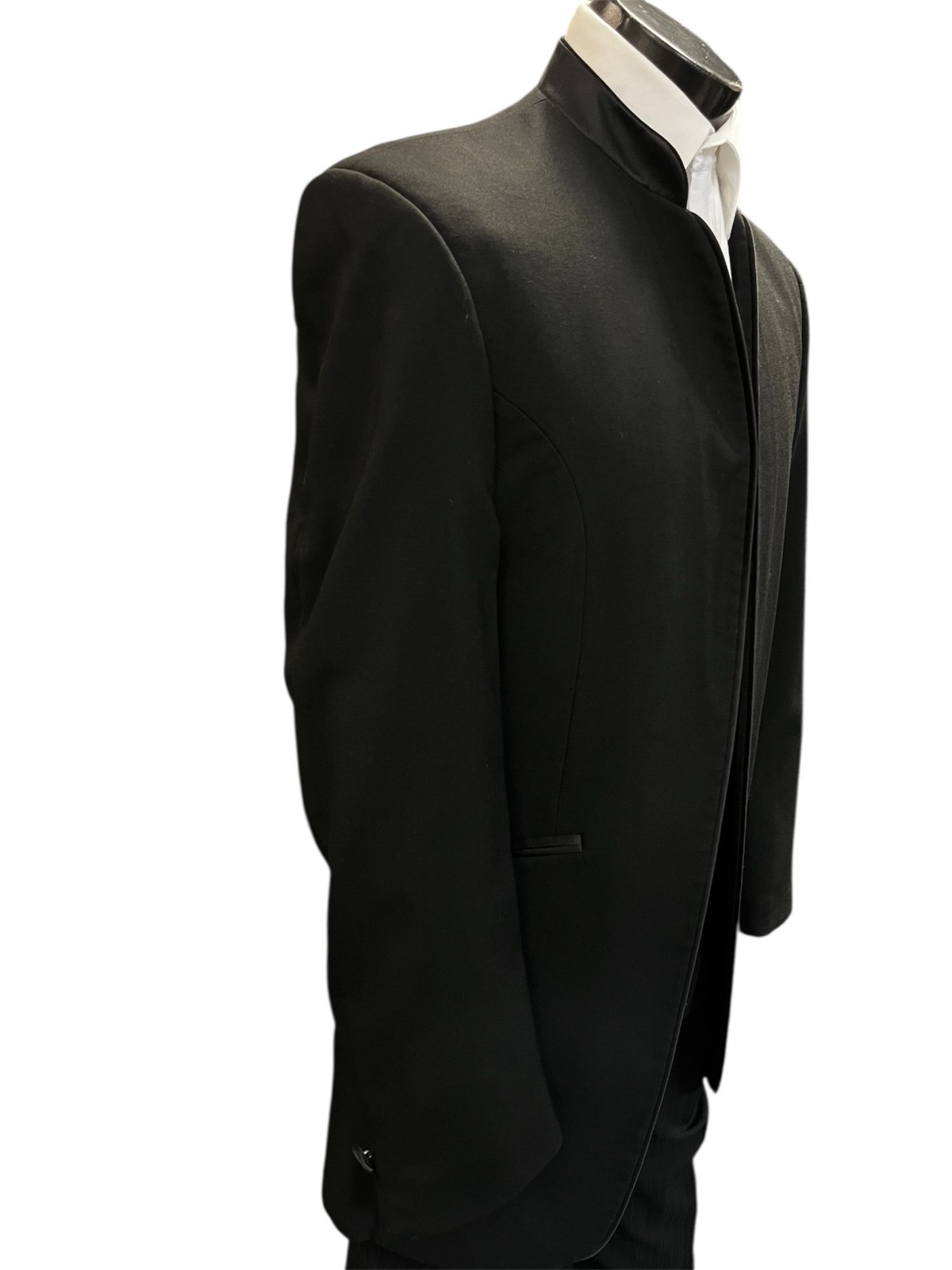 Men's Black Mandarin Nehru Collar Tuxedo Jacket with Satin Trim Formal