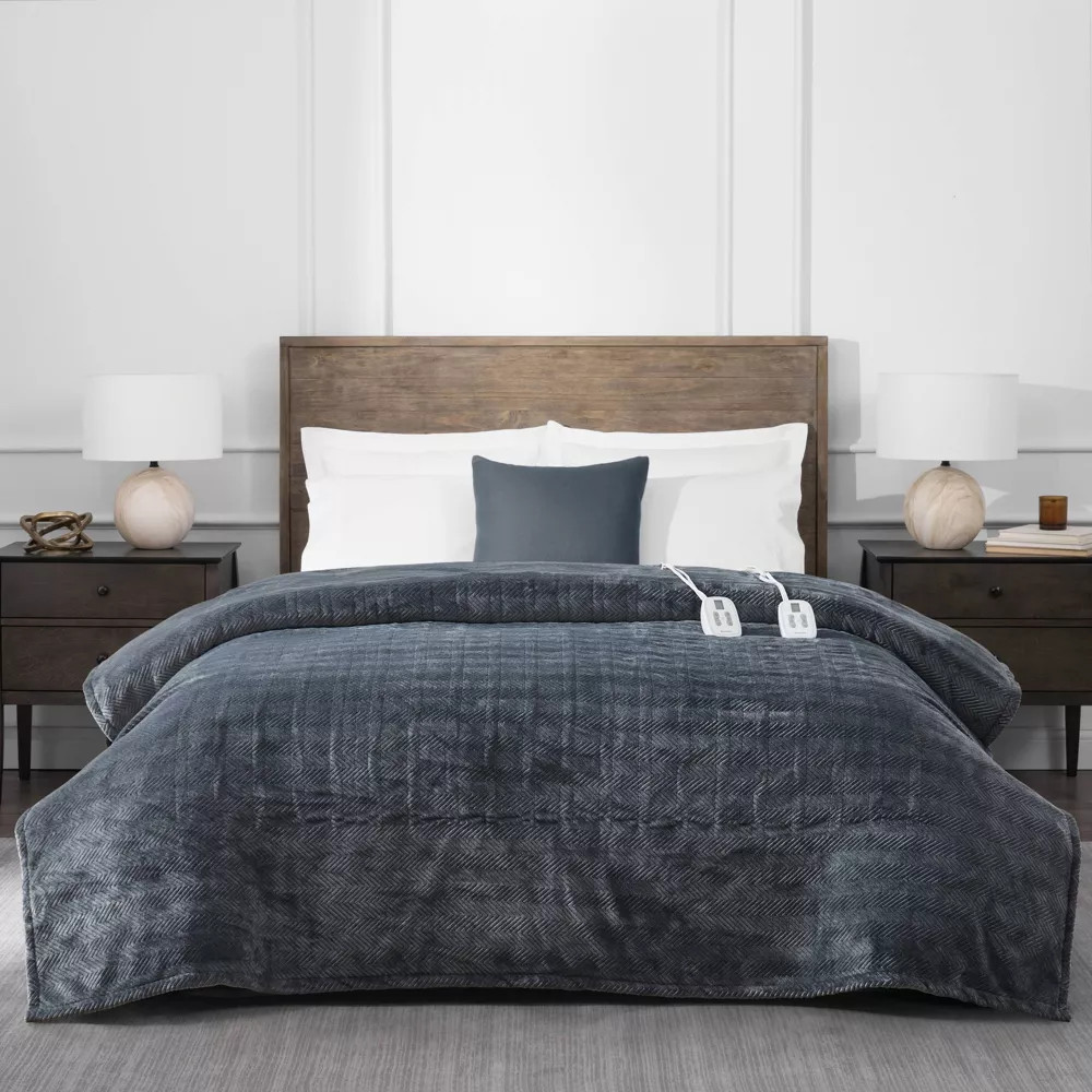 Brookstone Full/Queen Heated Micro Herringbone Blanket Gray