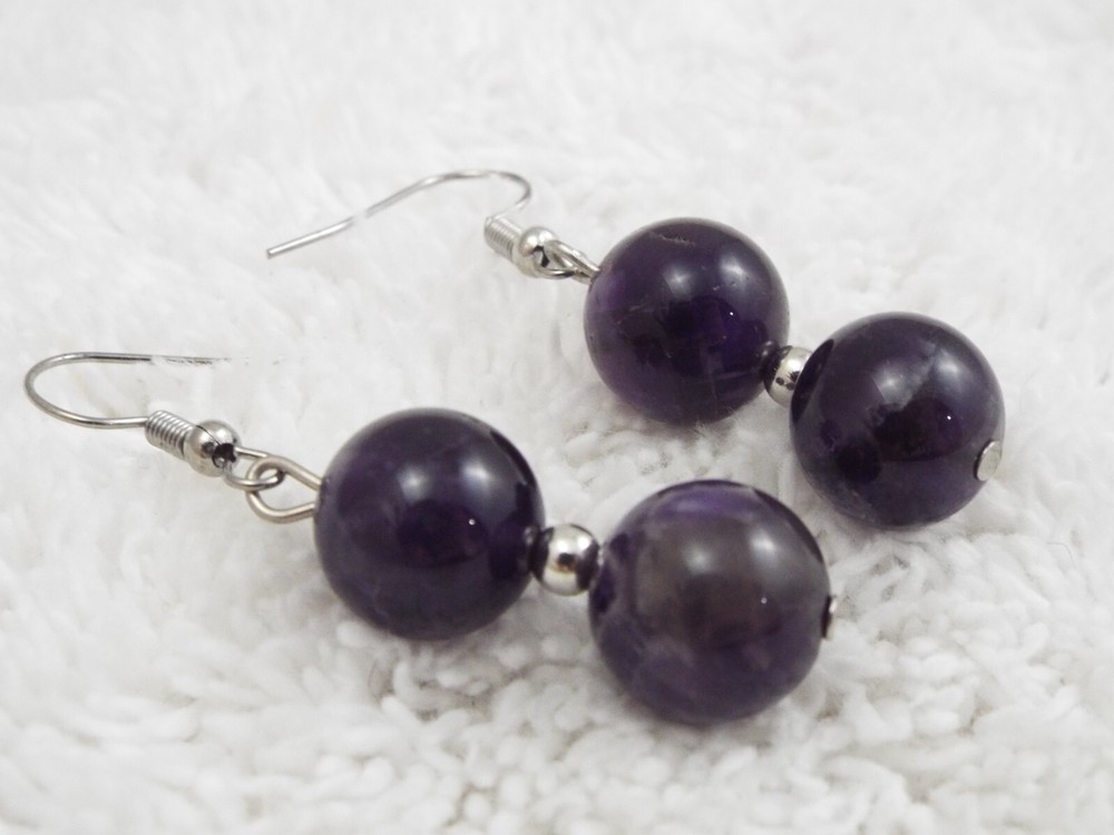 Silvertone Amethyst Stone Bead Pierced Earrings (K12)