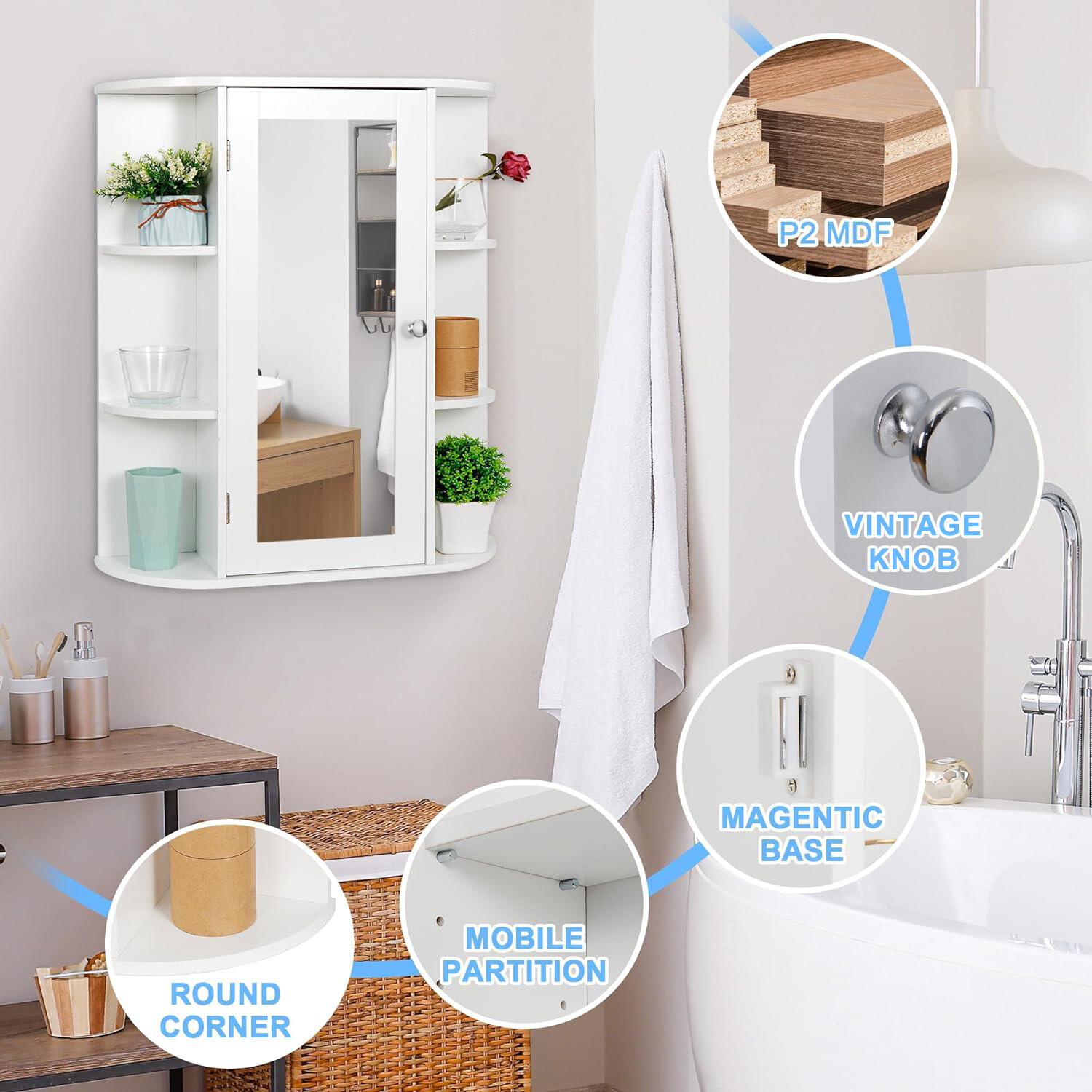 Bathroom Cabinet Single Door Wall Mount Medicine Cabinet with Mirror Shelf