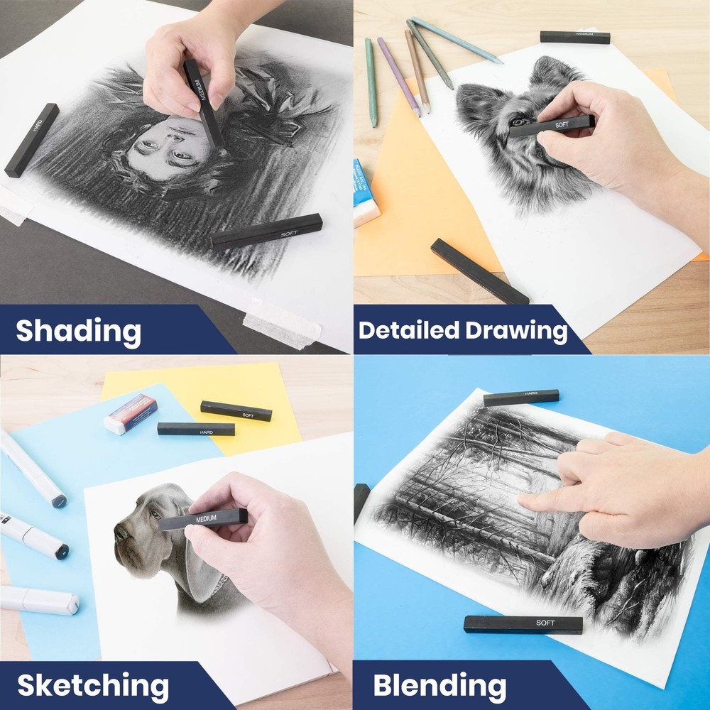 Pacific Arc Compressed Charcoal Sticks Soft 12 Pack for Drawing, Sketching, a...