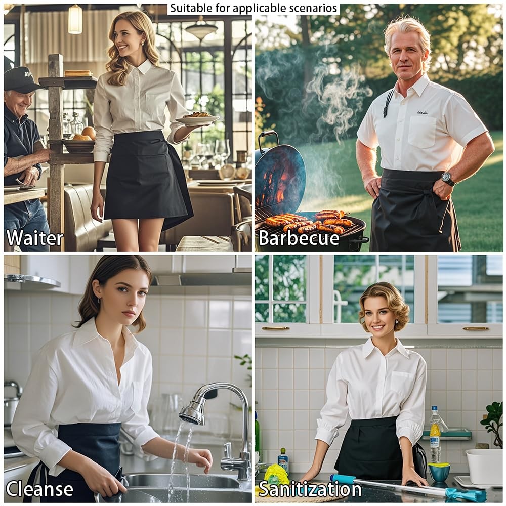 Server Apron 3 Pockets Reinforced Edge Black - 4 Pack Restaurant Workwear