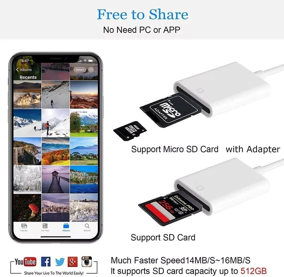 Apple Mfi Certified Lightning to SD Card Camera Reader for Iphone Ipad, Memory