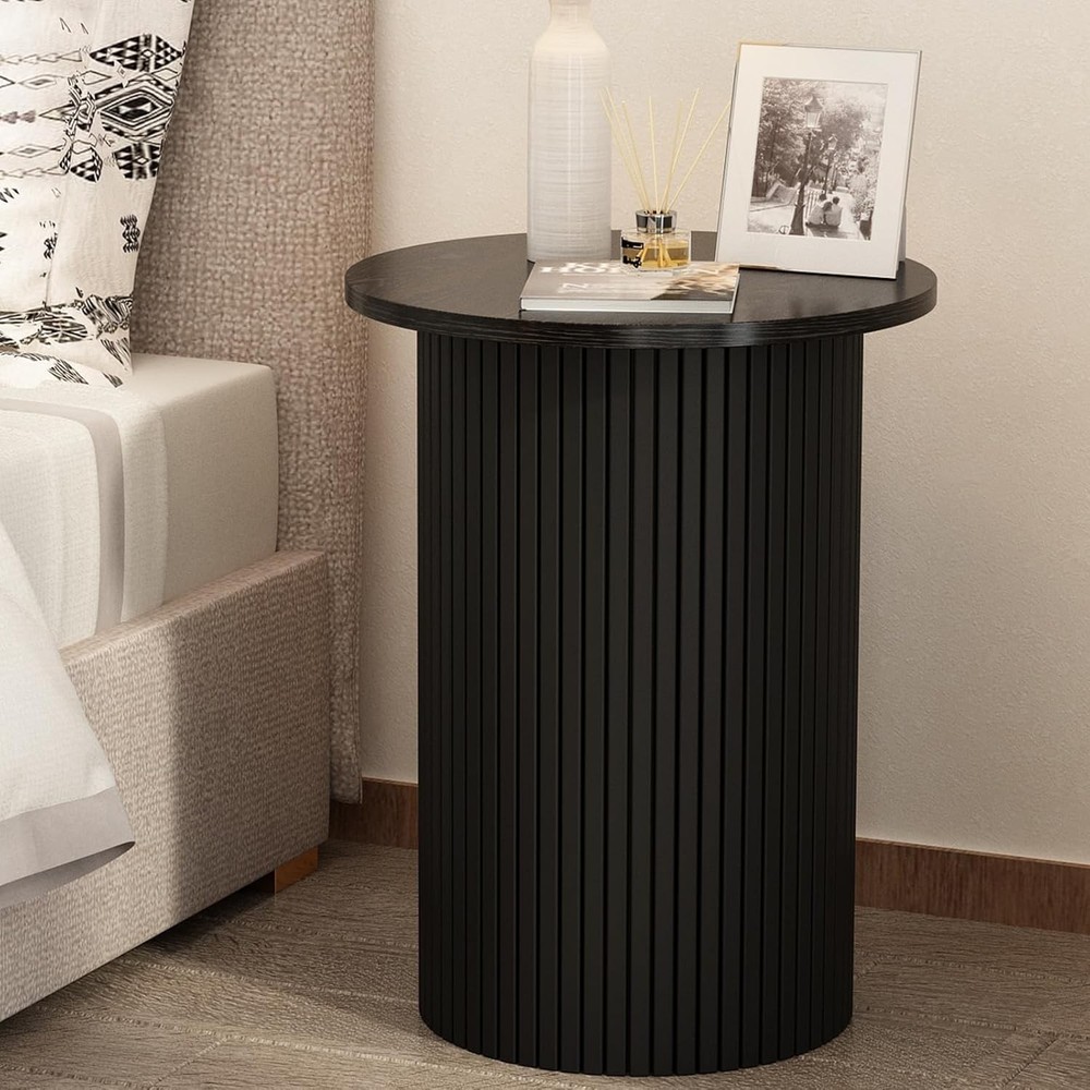 Wnutrees Round Fluted End Table, Small Accent Pedestal Side Table, Black