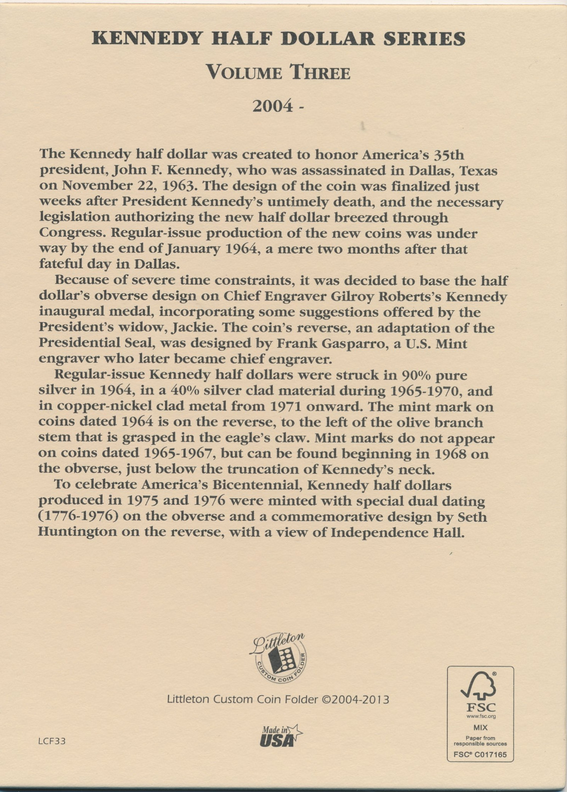 Littleton Coin Folder LCF33 Kennedy Half Dollar $ 2004-2019 P&D Book 50 cent