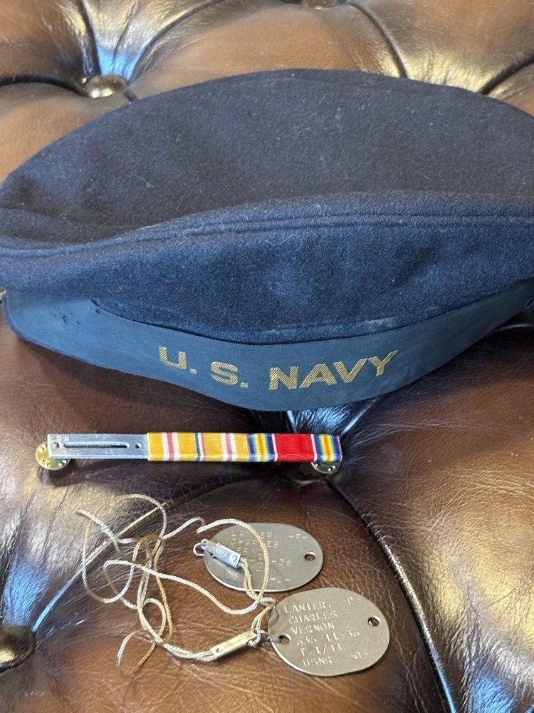 WWII U.S. Navy Named Grouping – USNR Dog Tags, Dixie Cup Cap & Ribbon Bar