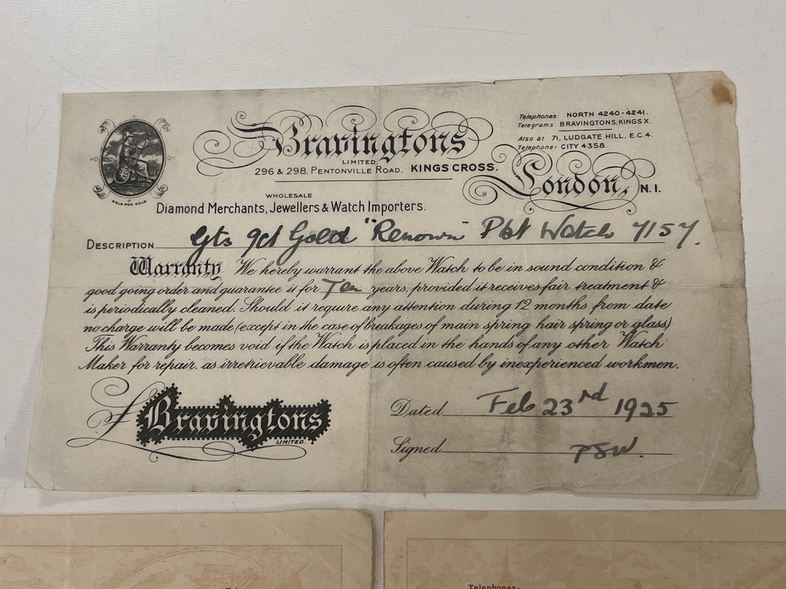 1925 Bravingtons Gold Watch & Chain Receipts + Guarantee Set V Rare