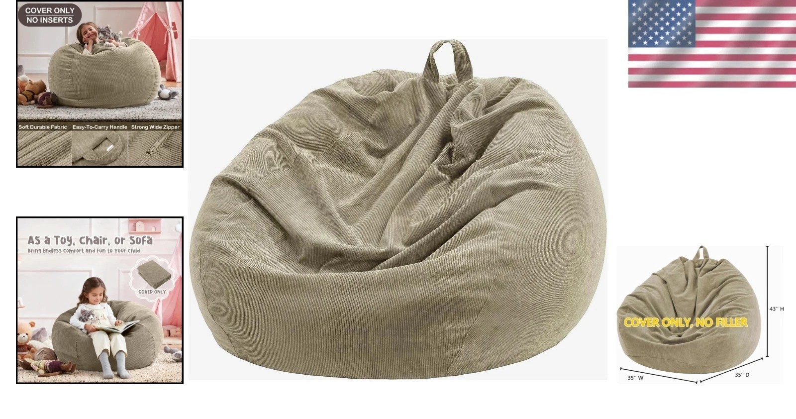 Adjustable Bean Bag Chair Cover 35" - Corduroy for Gaming & Relaxation