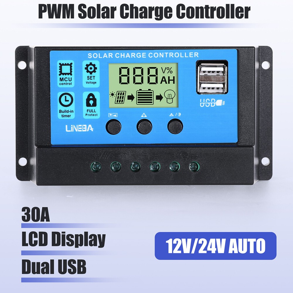 30A PWM Solar Charge Controller 12V/24V Battery Solar Panel PV Regulator DualUSB