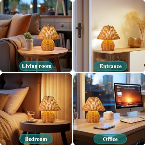 Bamboo Table Lamp Handmade Boho Rattan Bedside Lamp,3 Colors Small Brown
