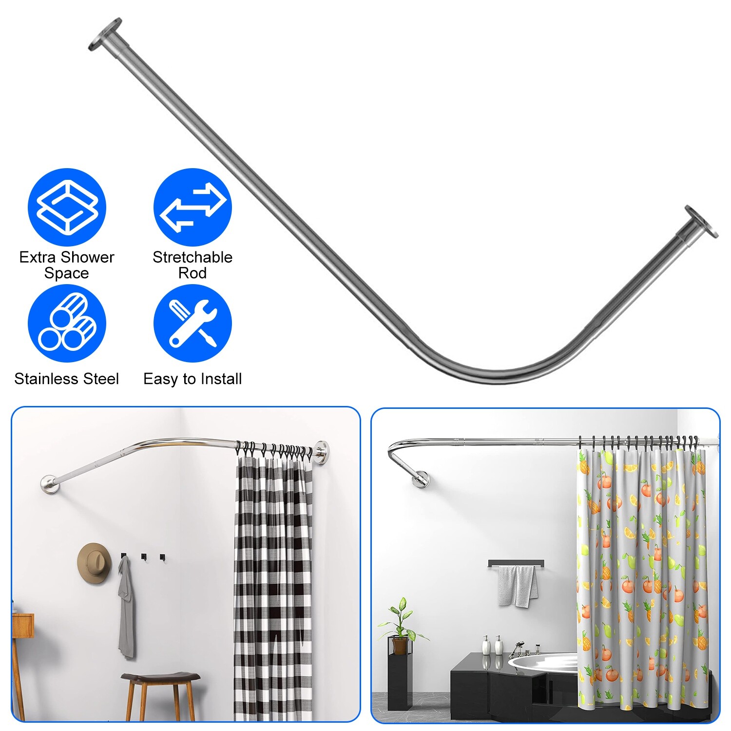 Adjustable Shower Curtain Rod Stainless Steel L Shaped for Bathroom Corner Rack