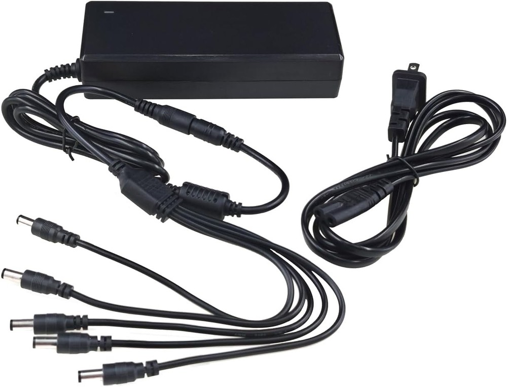 DC Power Adapter, 12V 5A, 5-Way Splitter with Multiple Conversion Heads Black