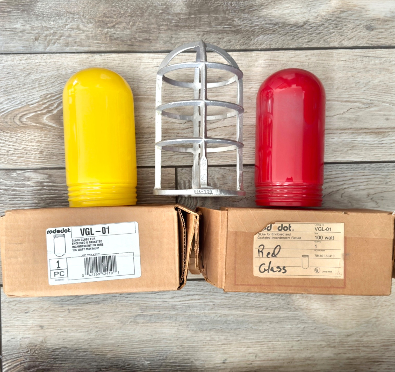 Red Dot Industrial Light Fixture Explosion Proof Red Yellow Glass & Cage NOS