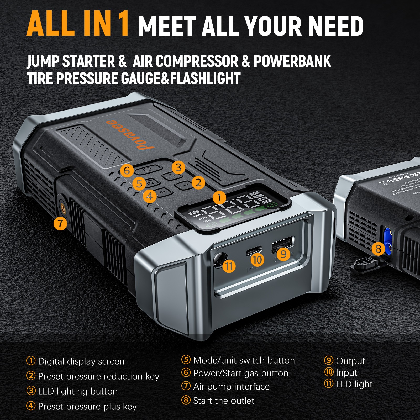 5000A Car Jump Starter with Air compressor Booster Jumper Power Bank Car Battery