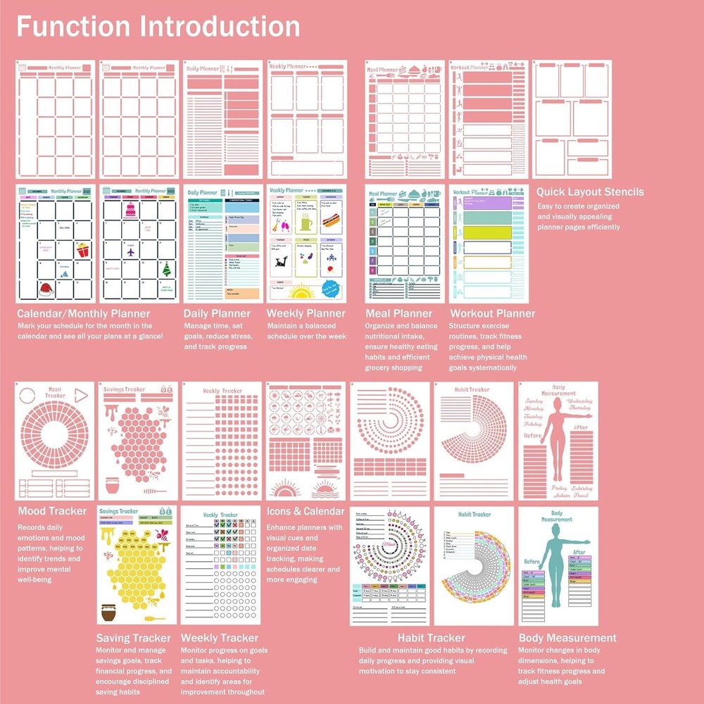 14 PCS A5 Plastic Reusable Multi-functional Tracker & Planner Stencils for...