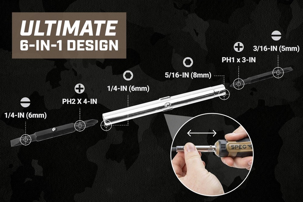 Spec Ops Tools Multi-Bit Screwdriver, 6-in-1, Magnetized Double-Sided Bits, C...