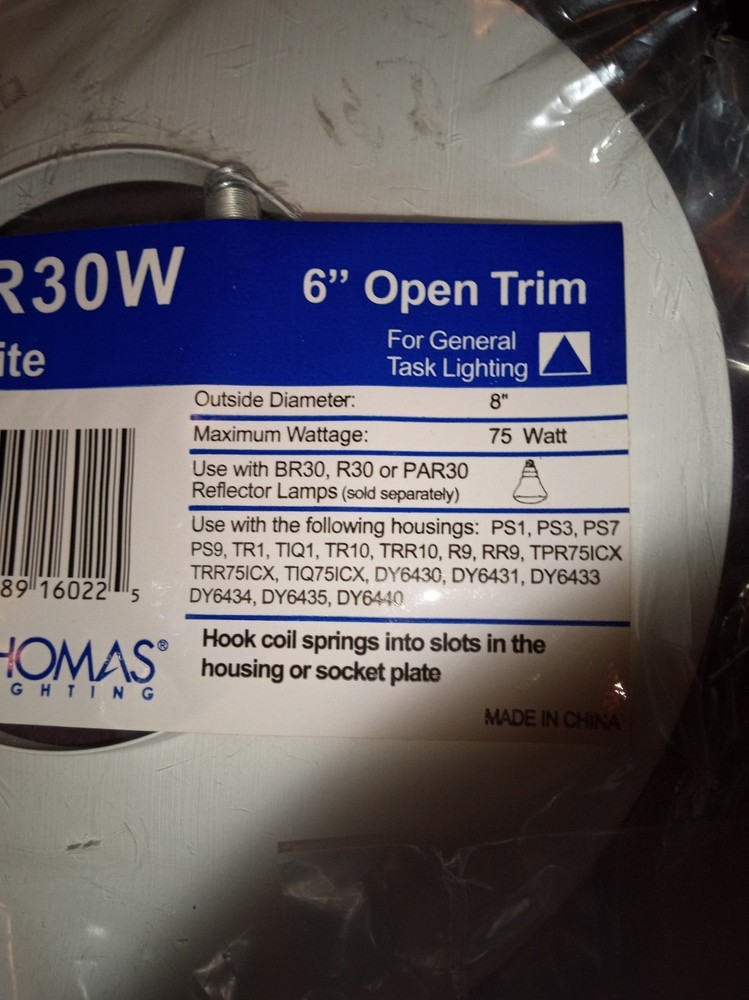 Thomas Lighting TR30W 6" open trim for general task lighting, white, 8"OD.