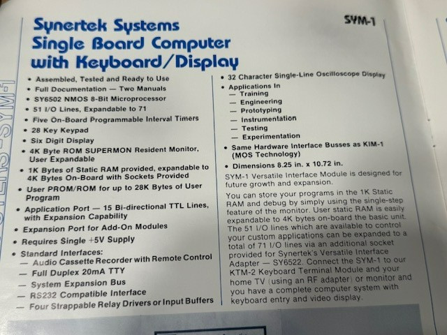 Synertek Systems SYM-1 Single Board Computer w/Schematic/Original Box