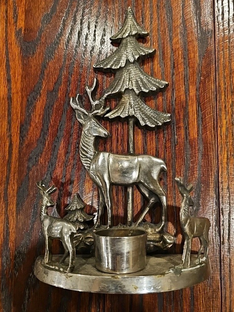Vintage International Silver Co Stag Buck Deers & Tree Reindeer Candle Holder