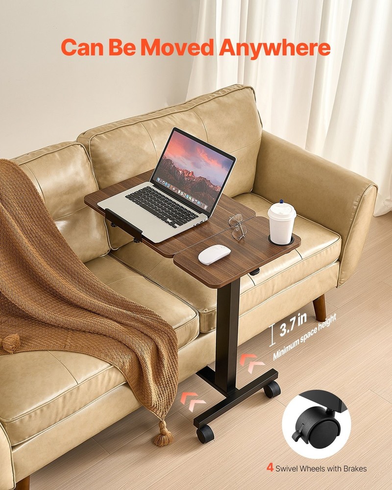 New/Overbed Table, Mobile Bed Side Table with Flip Desktop and 4 Wheels, Height