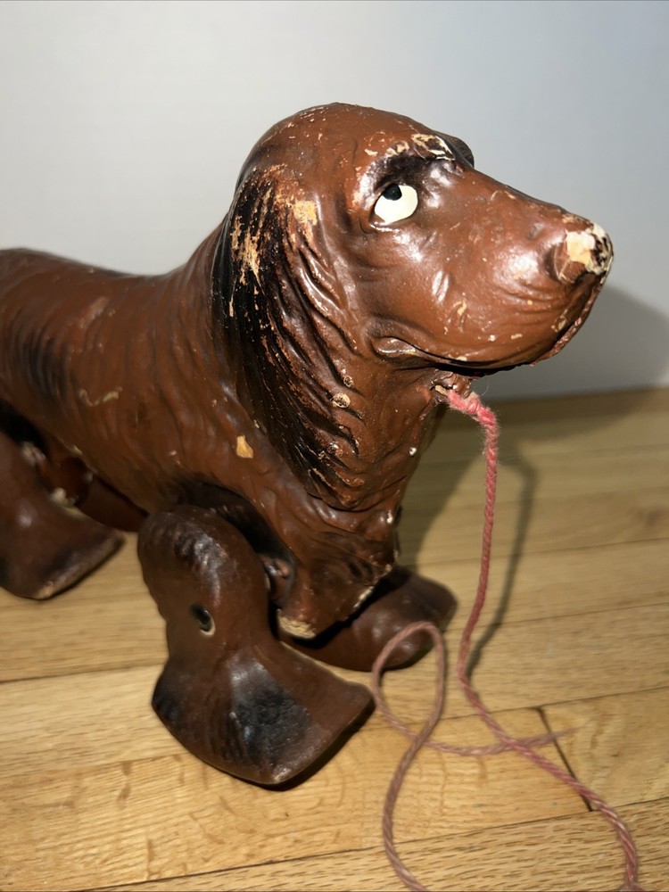 Antique Pull Toy Dog Child’s Pull Behind Early 20th C Composite Spaniel Decor