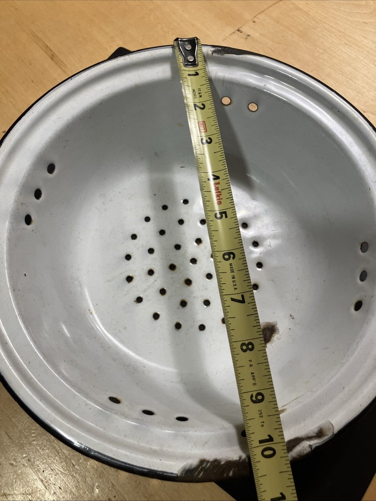 white enamelware colander