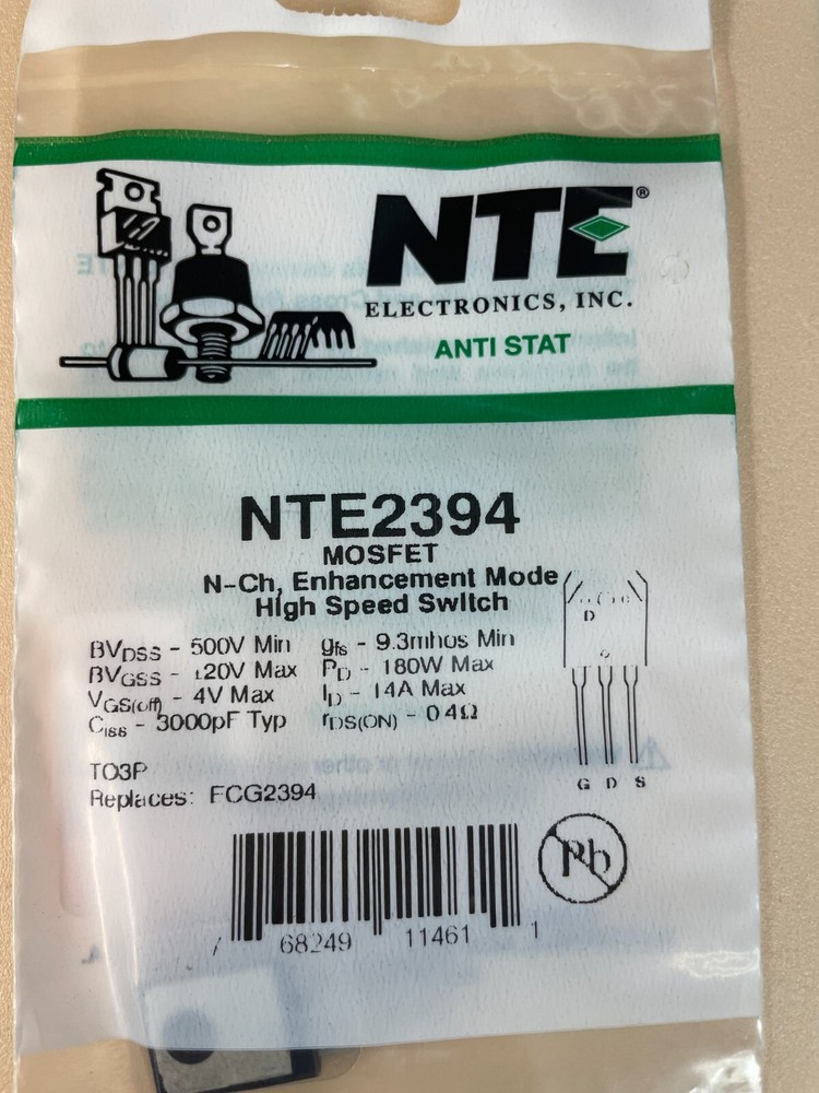 NTE Electronics NTE2394 POWER-MOSFET N-CHANNEL 500V ID=14A TO-3P CASE HIGH SPEED