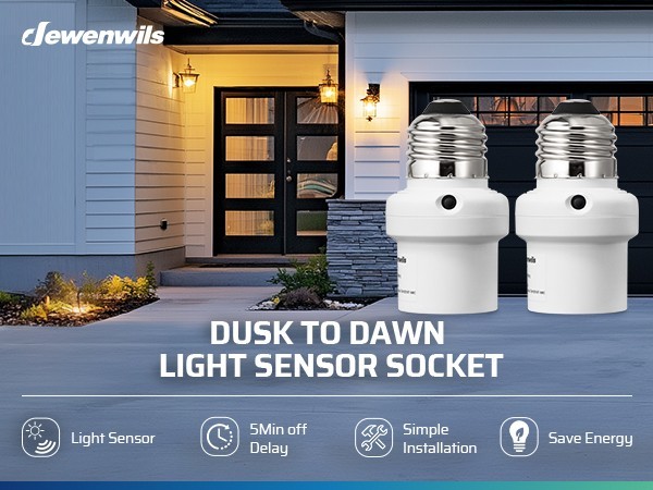 DEWENWILS Dusk to Dawn Light Socket, Dual Sensor, E26/E27 Auto On/Off, 2 Pack