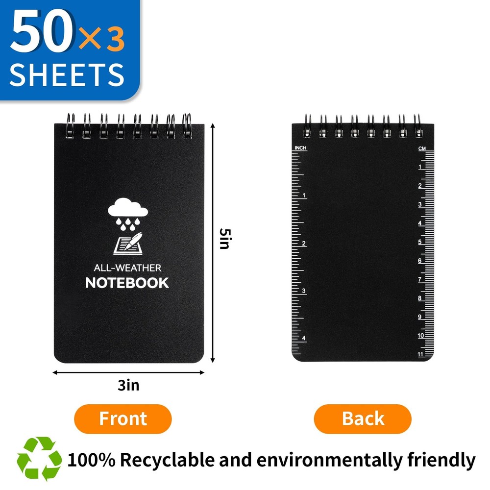COIDEA 3 Pack Waterproof Notebook, 3 x 5 Pocket 3 x 5", 3 Pack, Black