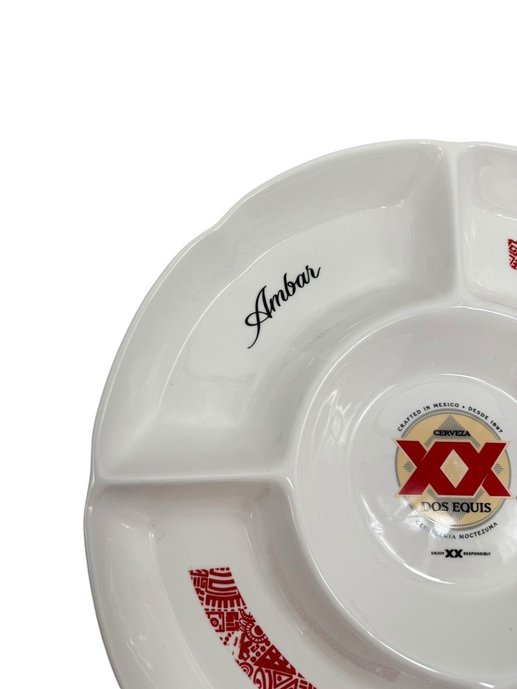 Dos Equis XX Branded Sectioned Serving Platter Heavy Ceramic White Snacks Dip