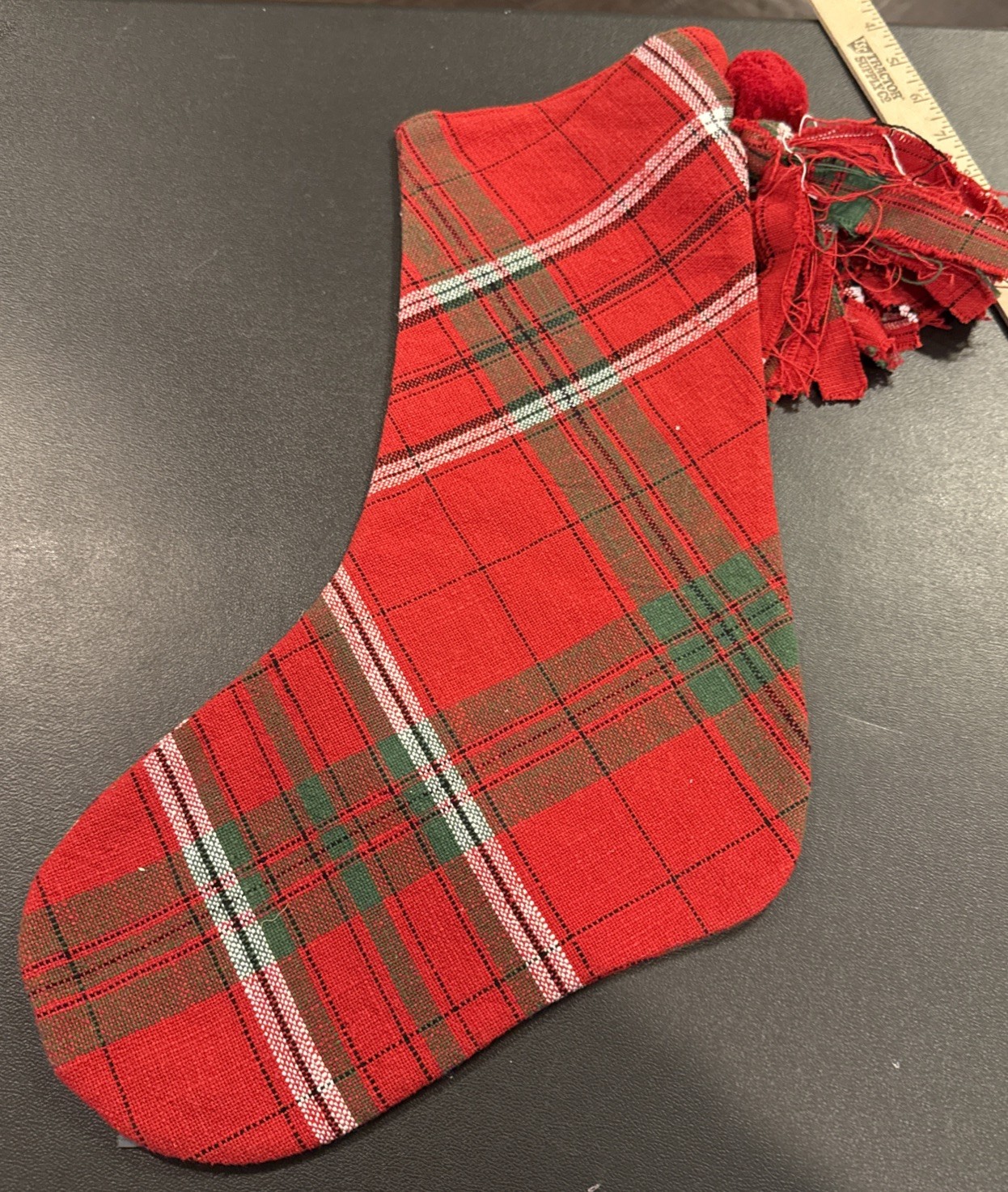 Tag Sleigh Ride Plaid Pom Pom Tassel Holiday Christmas Stocking 17 Inch NEW