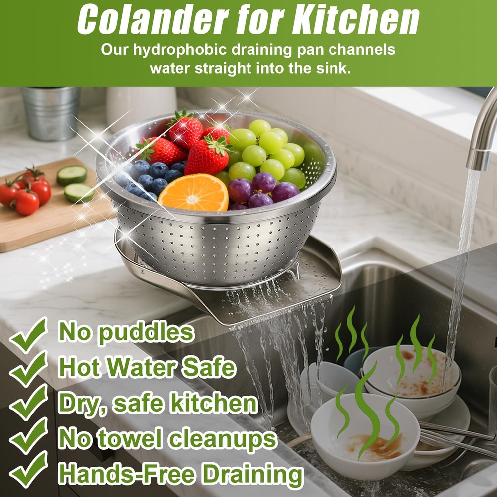 Stainless Steel Colander Set with Self-Draining Base, 3 Sizes Colanders & Foo...