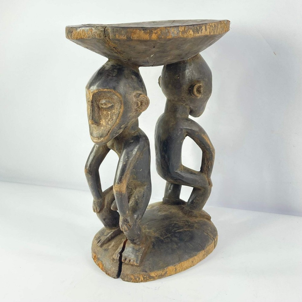 Luba Stool with Dual Caryatid Figures Congo