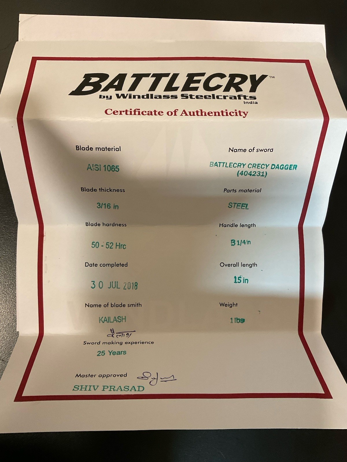 Battlecry Crecy War Dagger Replica