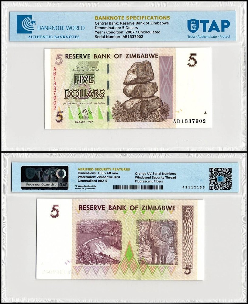 Zimbabwe 5 Dollars, 2007, P-66, UNC, TAP Authenticated