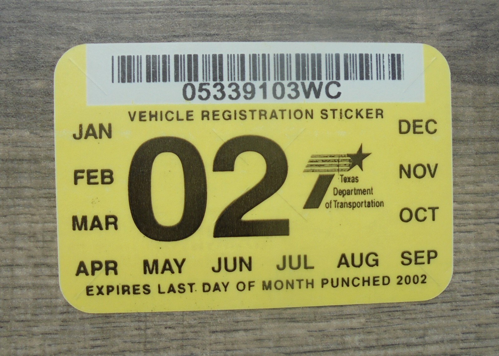 2002 TEXAS WINDSHIELD REGISTRATION RENEWAL STICKER-NEW/UNUSED