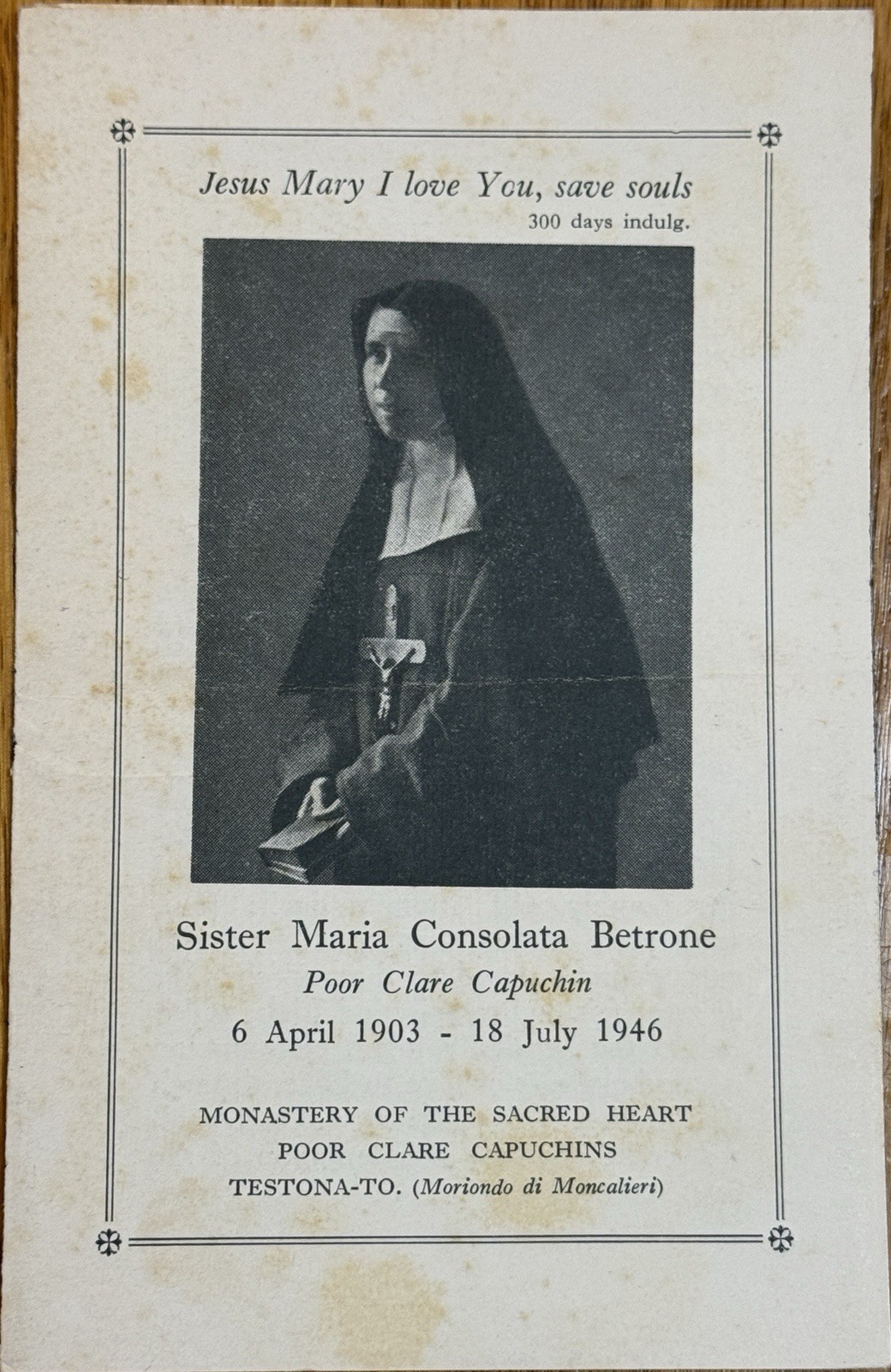 Sister Maria Consolata Betrone Holy Card - Sr Maria Betrone Holy Card