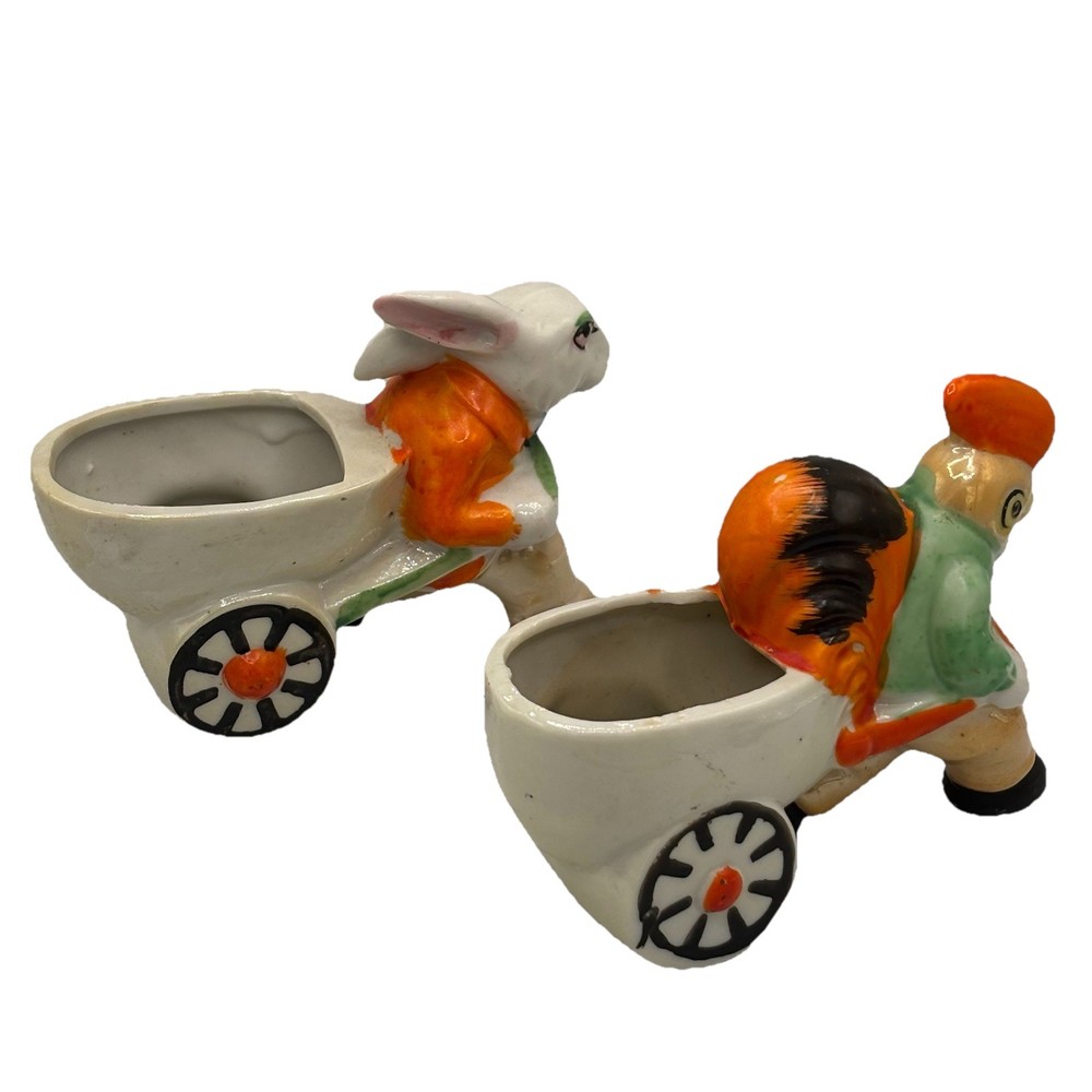 VTG Lusterware Rooster & Rabbit Pulling Rickshaw Egg Carts Easter Planters Japan