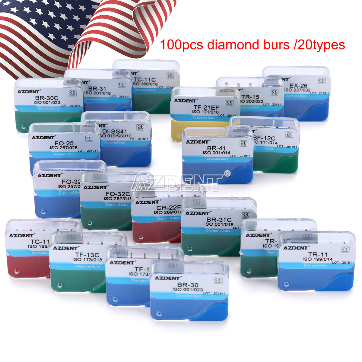 US 100pcs Dental Diamond Burs Kit for High Speed Handpiece Medium FG 1.6MM