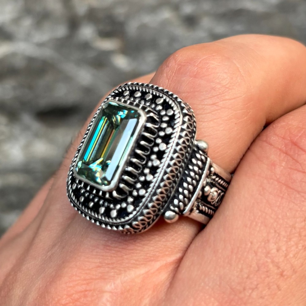 Moissanite In Handmade Silver Ring , Antique Design