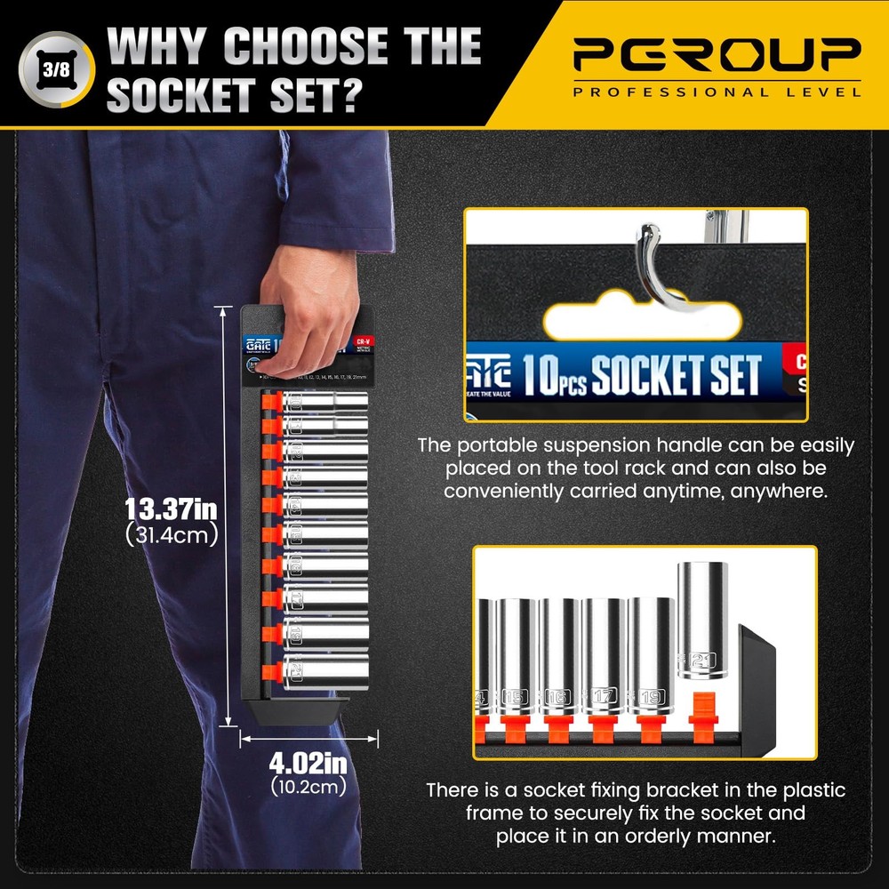 PGROUP 10PCS 3/8” Drive Deep Socket Set, 3/8" Metric (10mm-21mm)