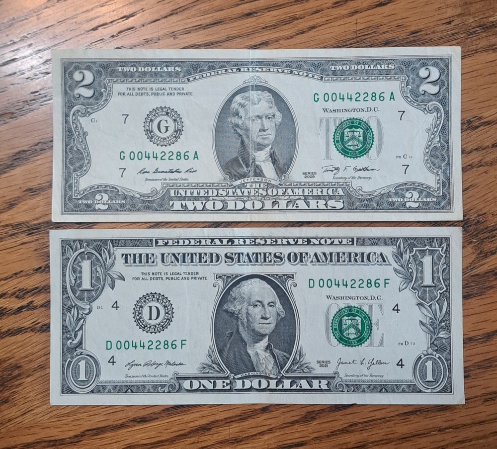 MATCHING $1 & $2 DOLLAR NOTES! –SAME SERIALS -