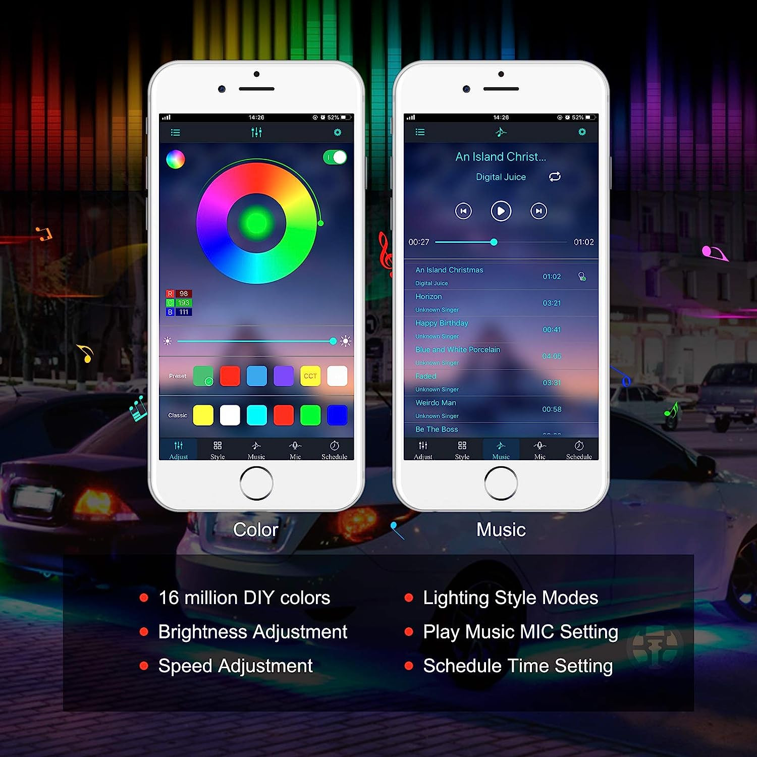 MICTUNING RGB LED Strip Under Car Tube Underglow Underbody System Neon Light Kit