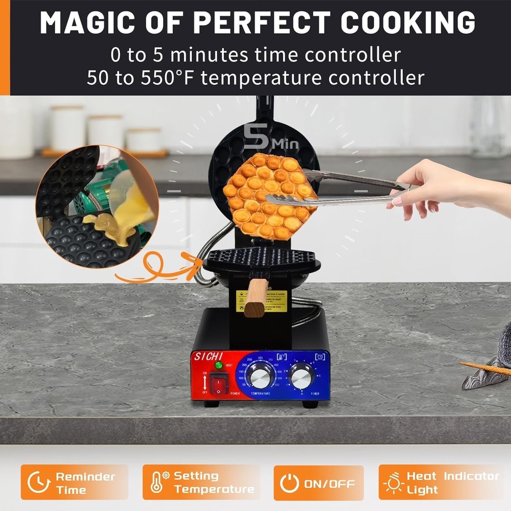 HTTSICHI Bubble Waffle Maker-Commercial Egg Waffle Maker w/Non-stick,Temperature
