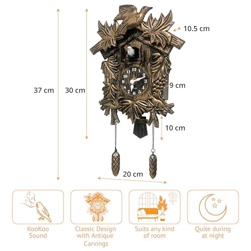 Vintage Brown Cuckoo Clock with Flapping Bird, Volume Adjustable, Battery Operat