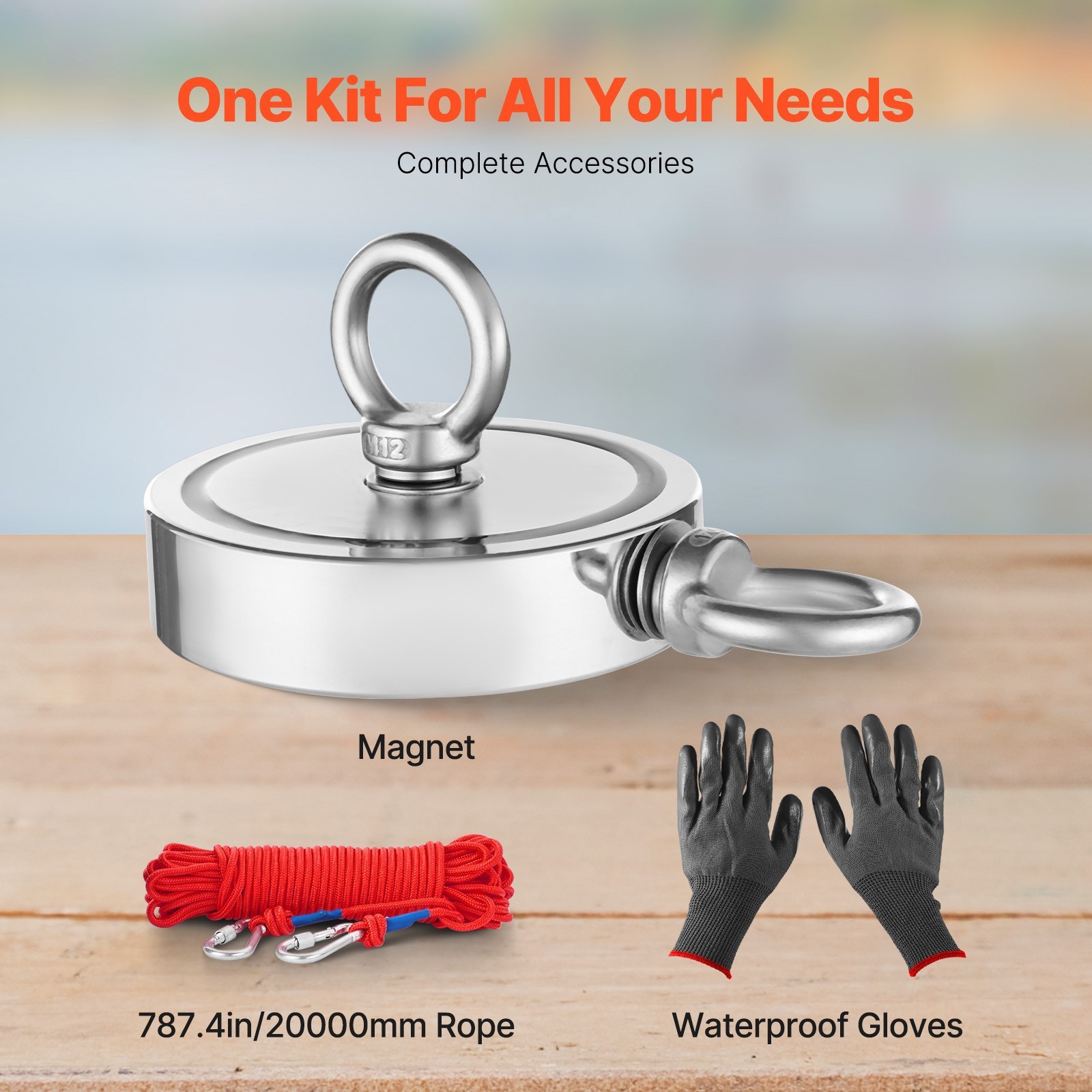 2000 LBS Strong Fishing Magnet Kit Double-Sided Pull Force and Rope Carabiner