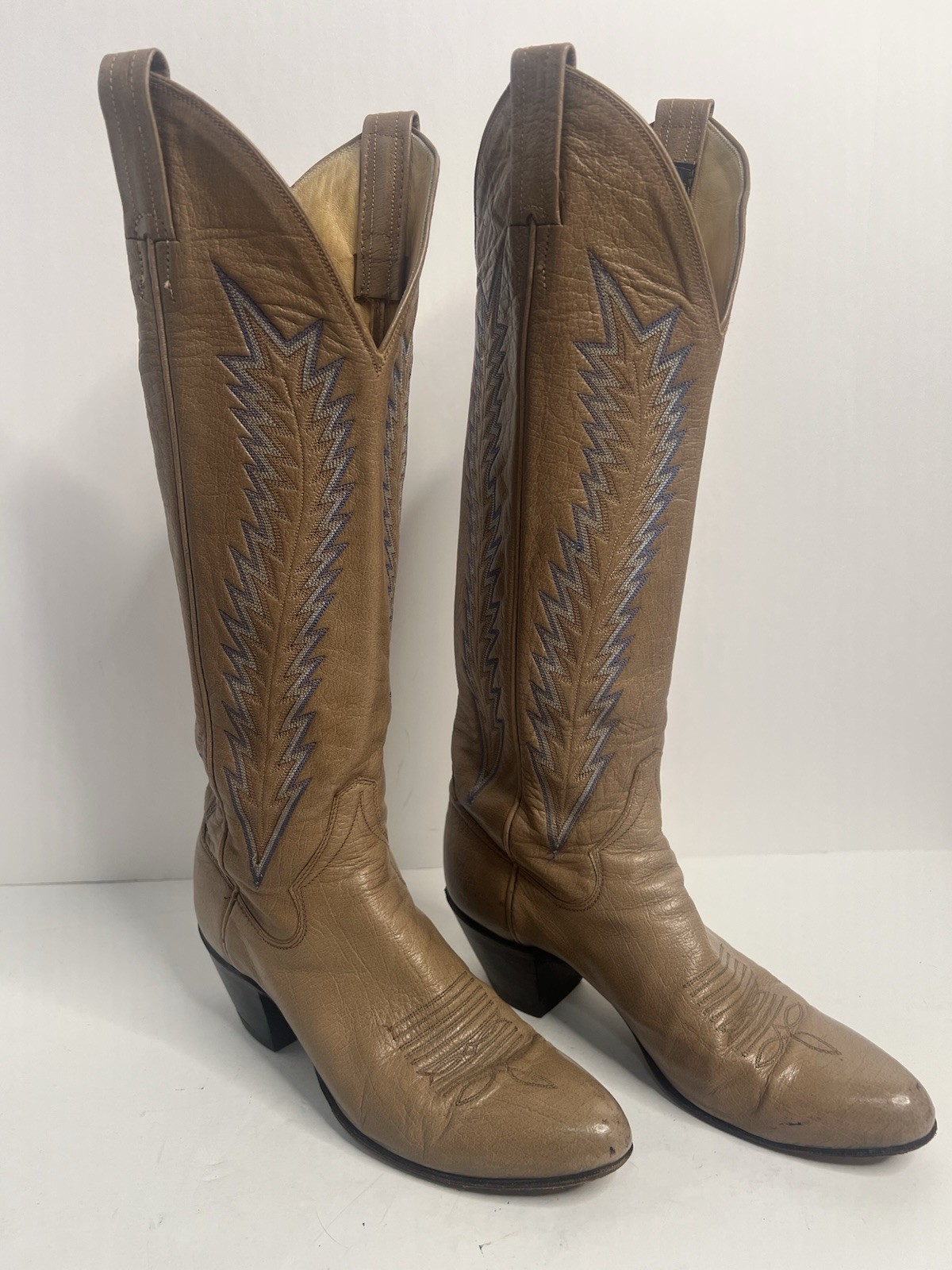Vintage Panhandle Slim Tan Embroidered Blue Western Cowboy Boots 7 A