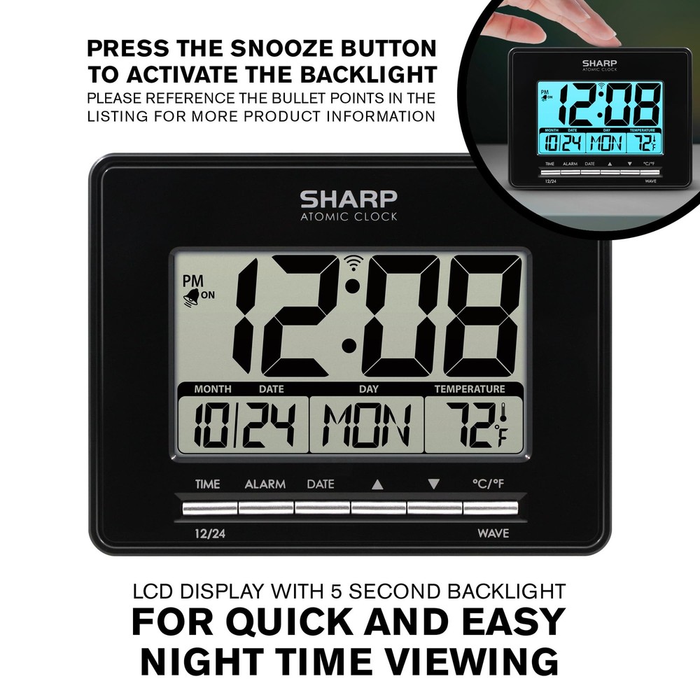 Sharp Atomic Desktop Clock – Auto Set Digital Alarm - Small, Black