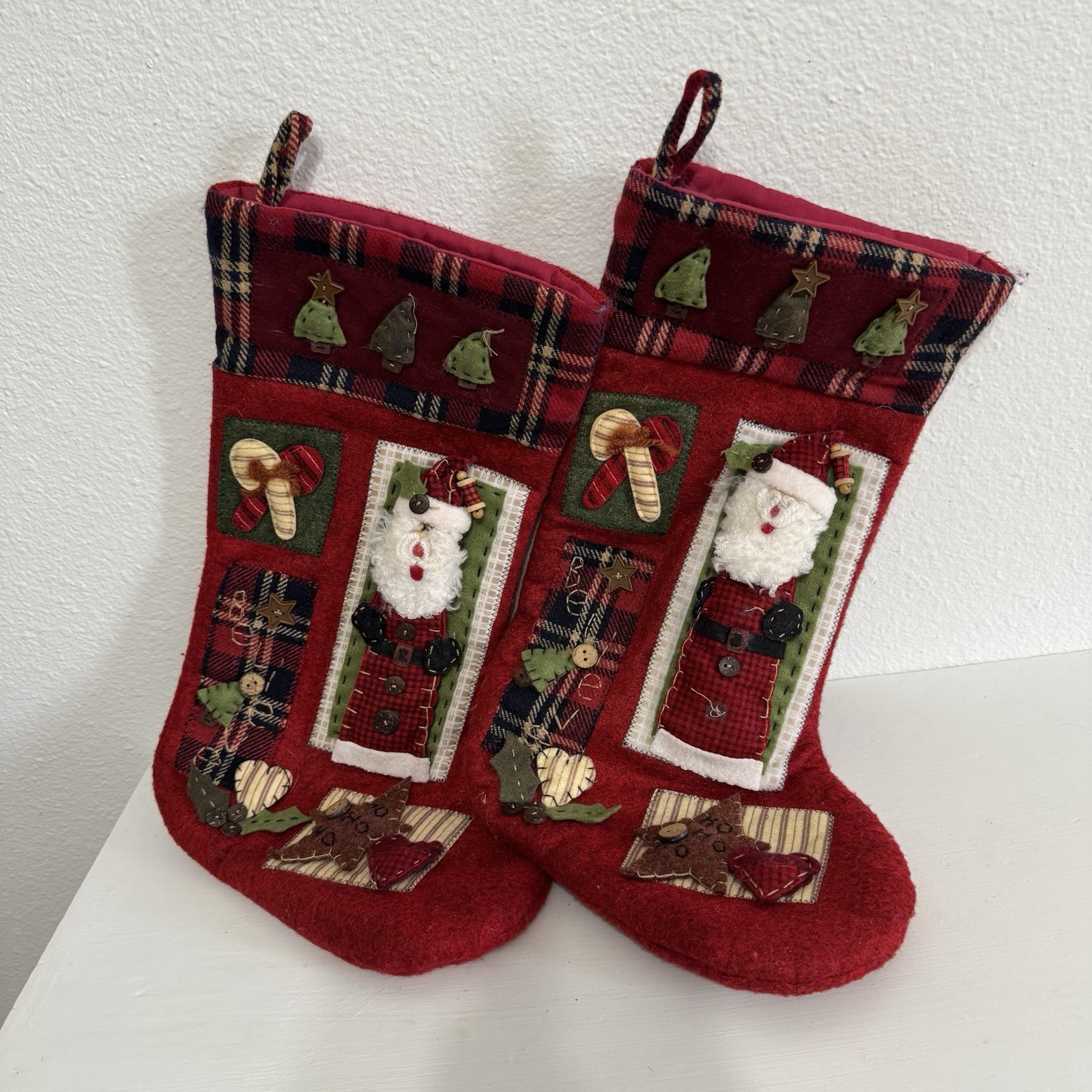 Plush 3D Folk Art Primitive Patchwork Christmas Stocking Set Of 2